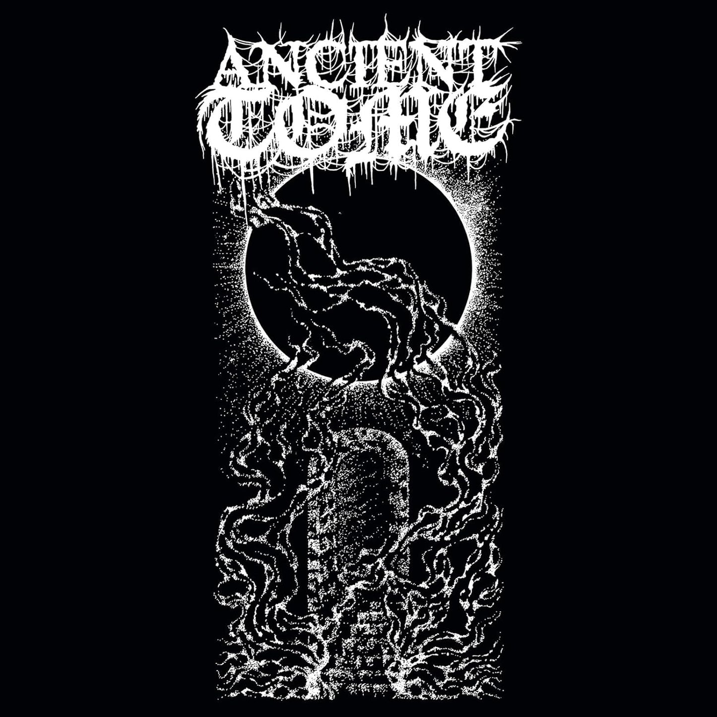 Black and white illustration of a dark moon behind a stone archway with vines.