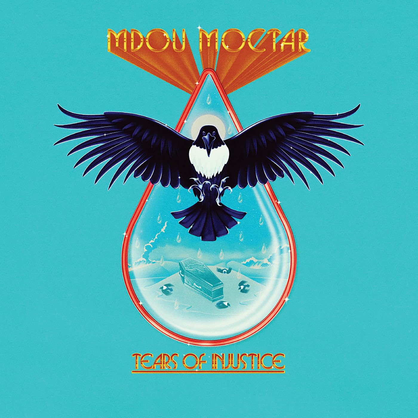 Album cover: a black bird within a teardrop on teal background.