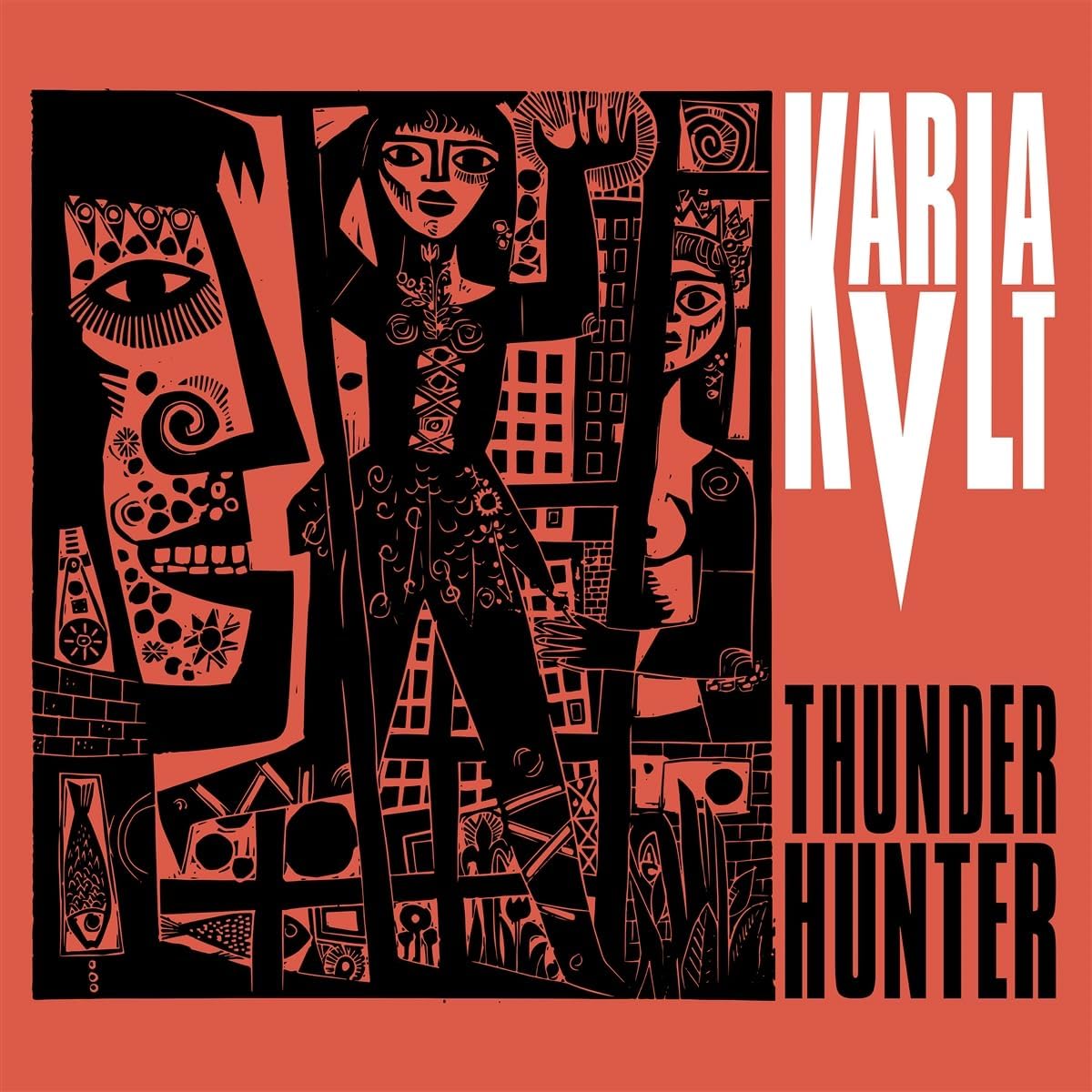 Red and black album cover with abstract faces and city buildings.