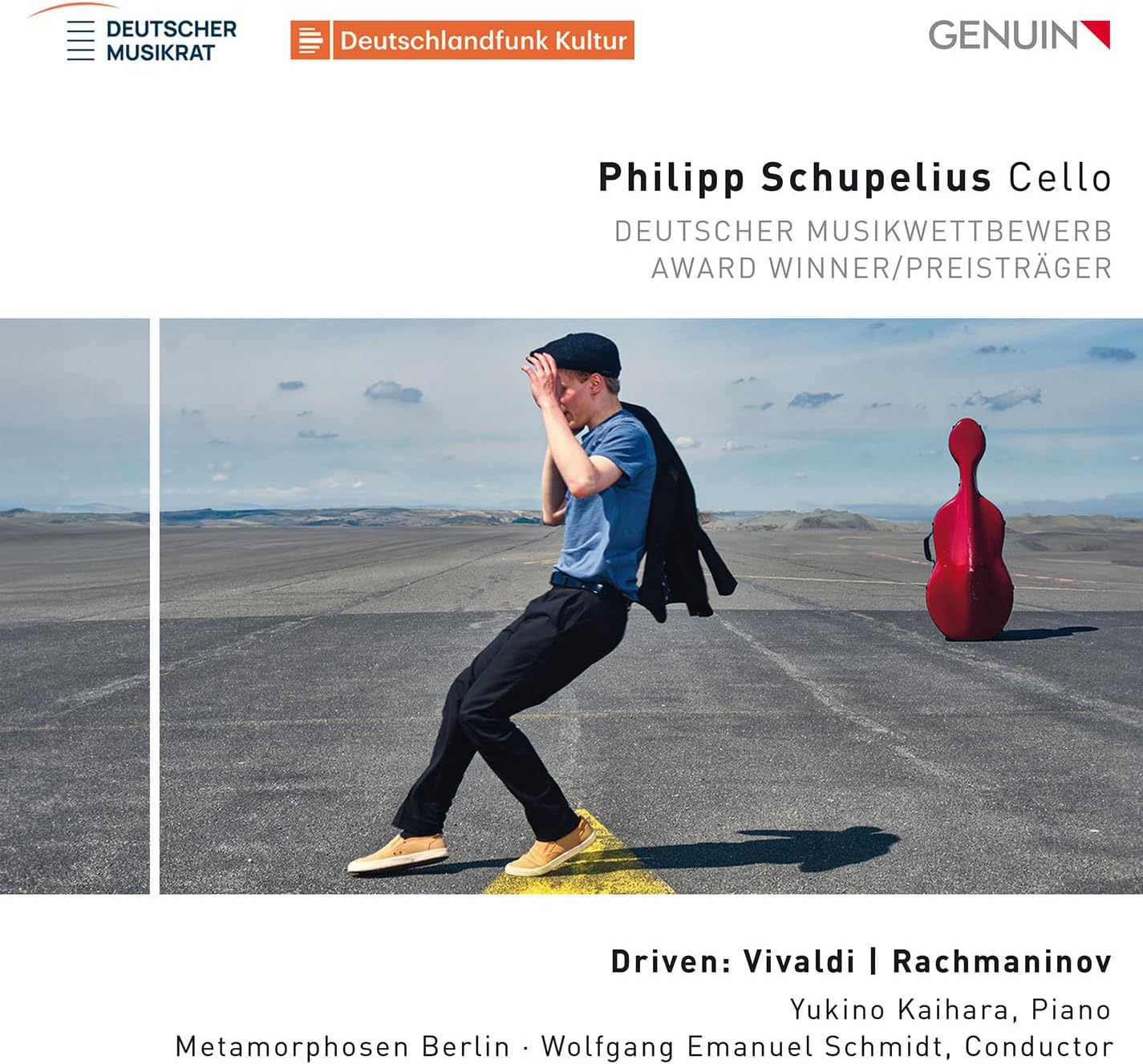 CD cover: cellist Philipp Schupelius walking with instrument, blue sky.