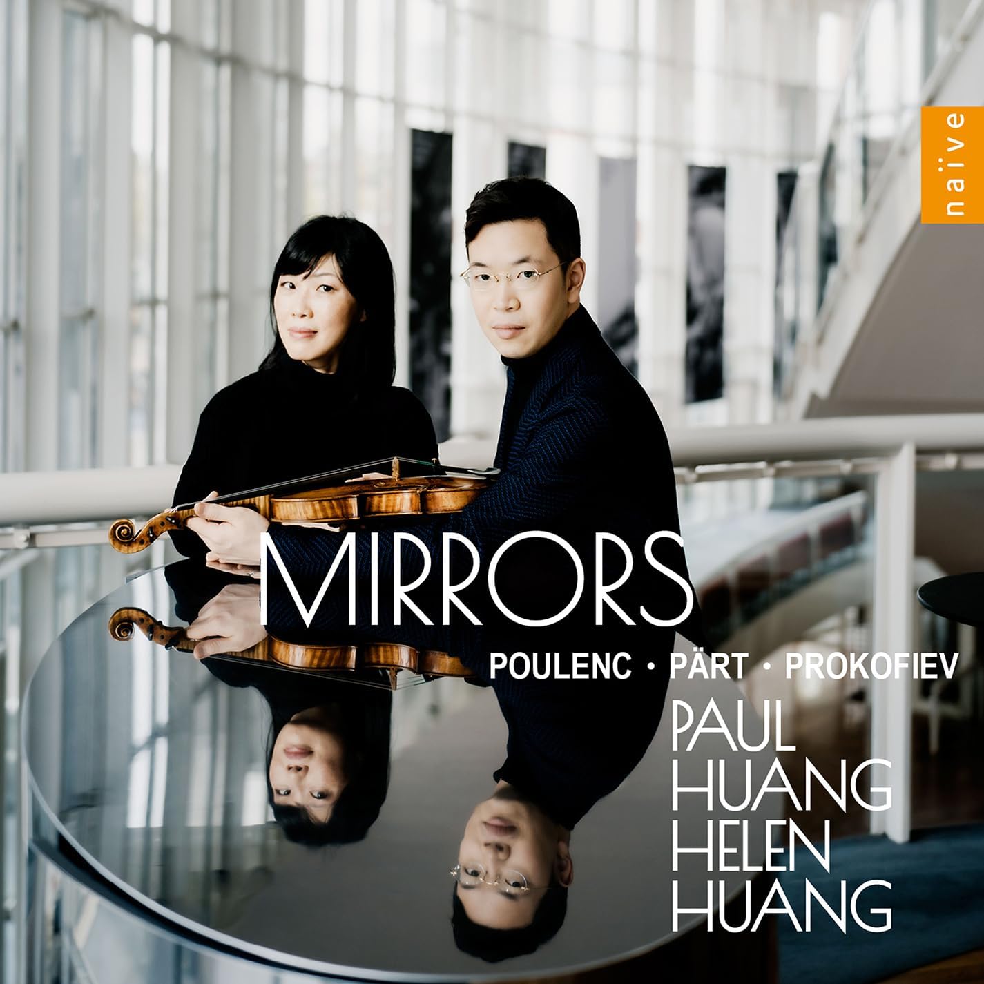 CD cover featuring violinists Paul and Helen Huang with mirrored reflections.