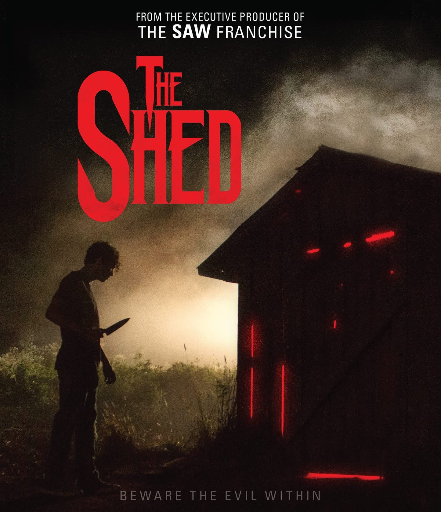 Movie poster for "The Shed" featuring a boy and a glowing shed.