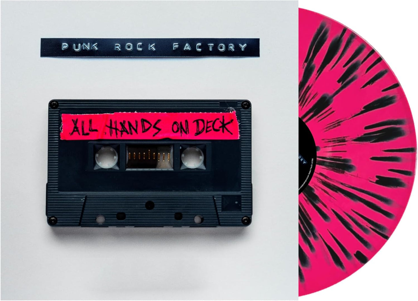 Cassette tape and vibrant pink & black swirl vinyl record.