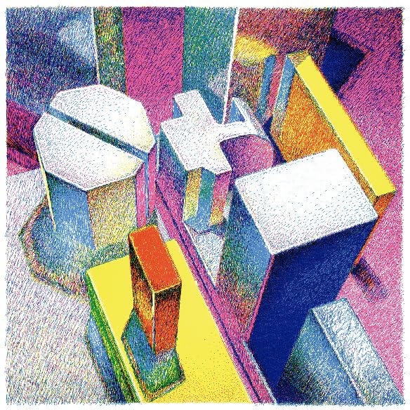 Abstract geometric shapes in vibrant colors, resembling a building’s facade.