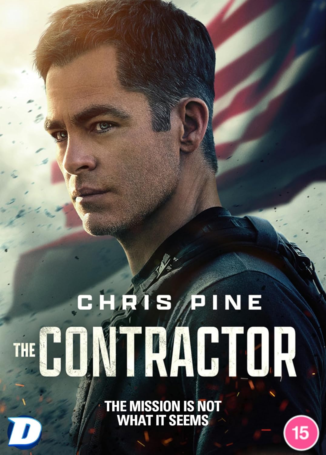 DVD cover for "The Contractor" featuring Chris Pine, a serious expression.