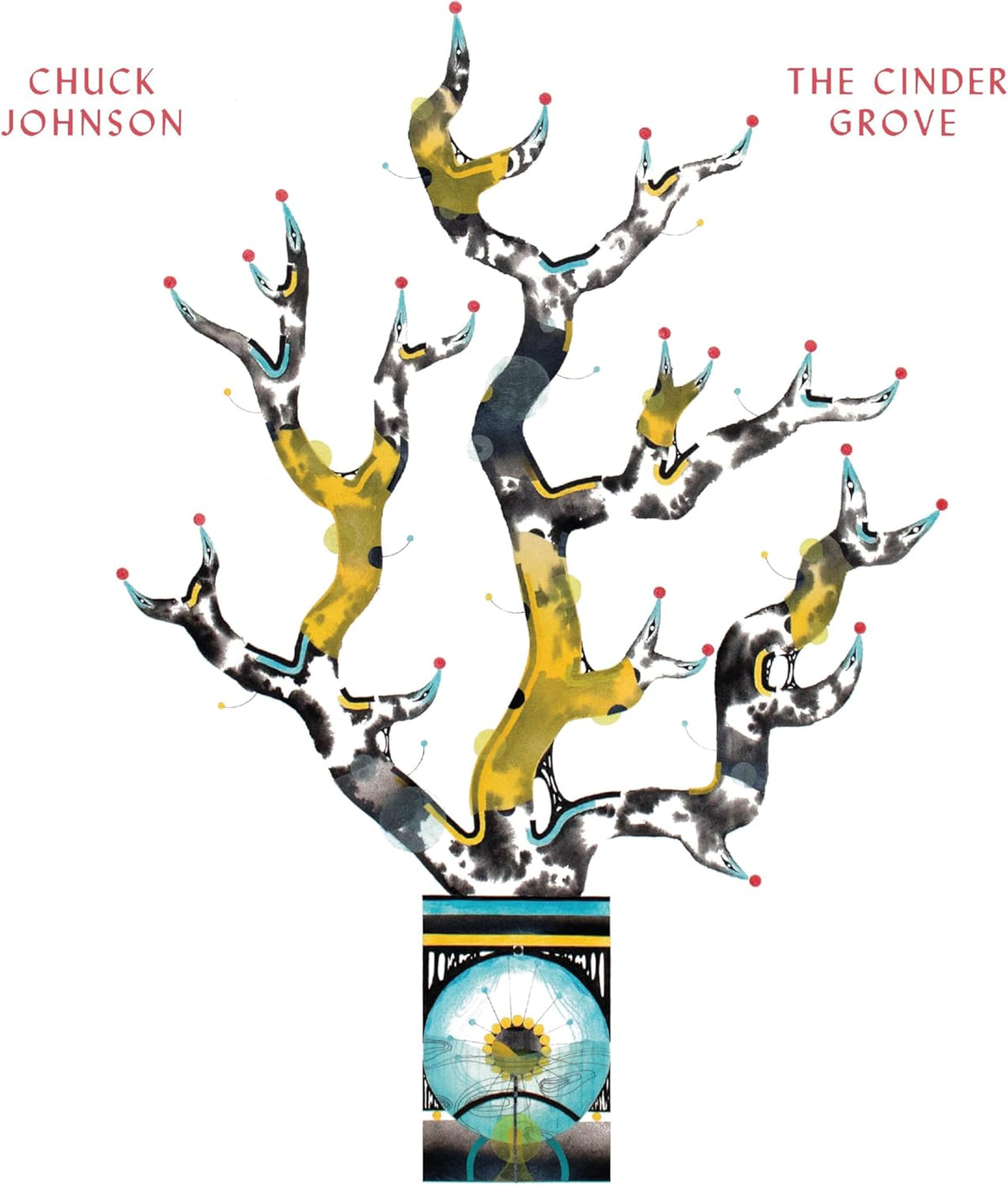 Chuck Johnson's "The Cinder Grove" vinyl album cover, abstract tree art.