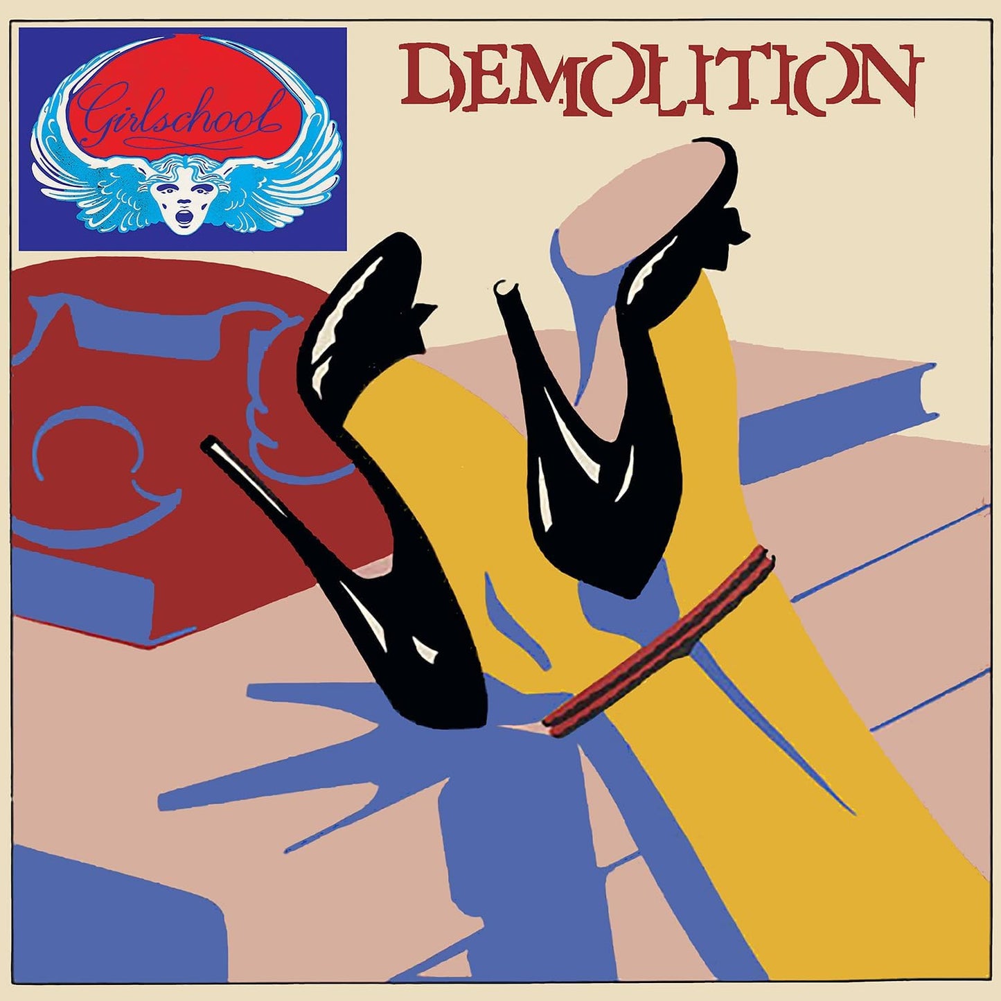 Girlschool “Demolition” album cover: stylized legs and bold typography.