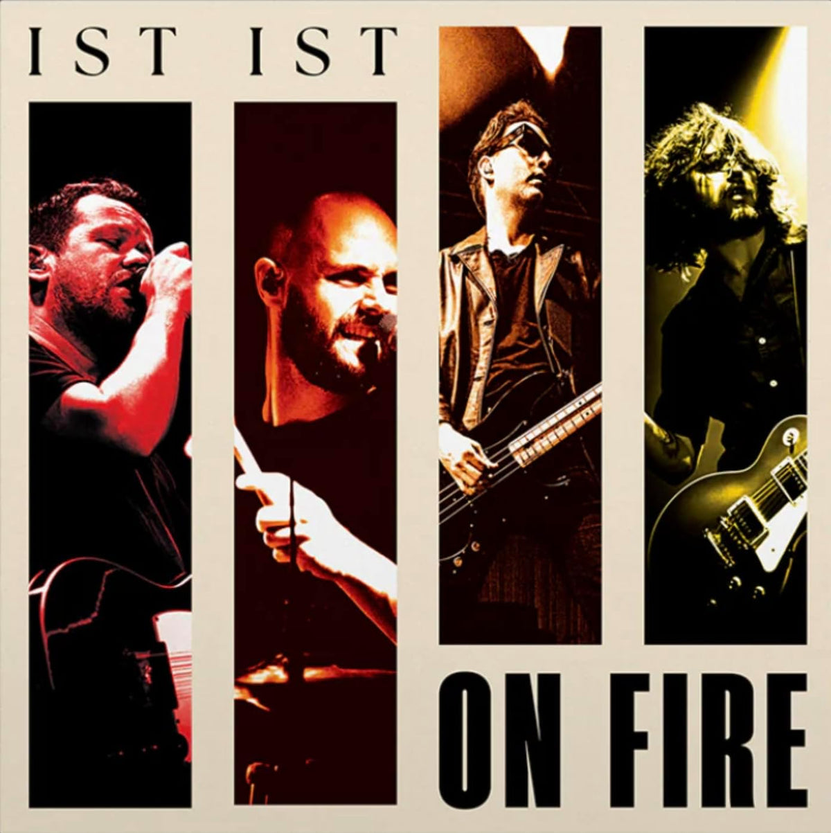 CD cover for Ist Ist’s “On Fire” featuring four musicians in red panels.