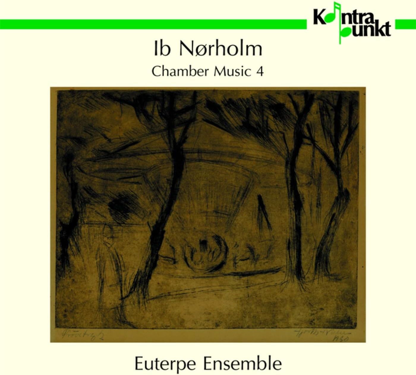 CD cover with a dark, sketched landscape of trees and a building.