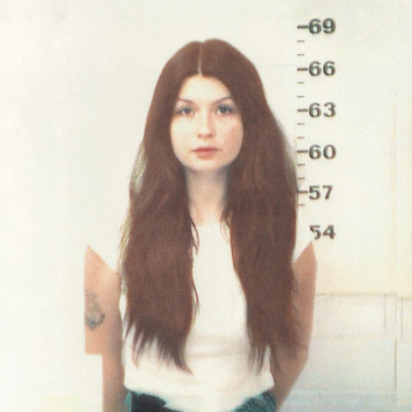 Mugshot-style portrait of a woman with long brown hair.
