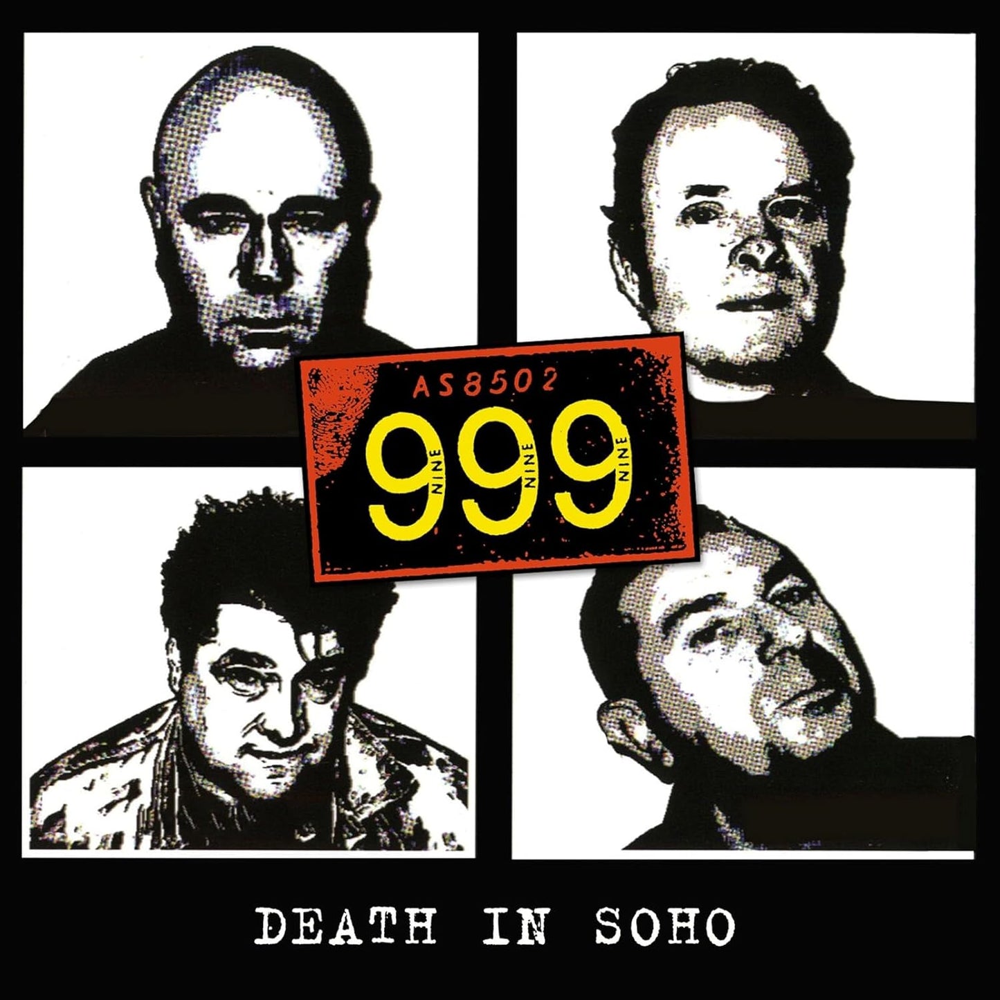 Black and white album cover with four portrait photos and large numerals "999".