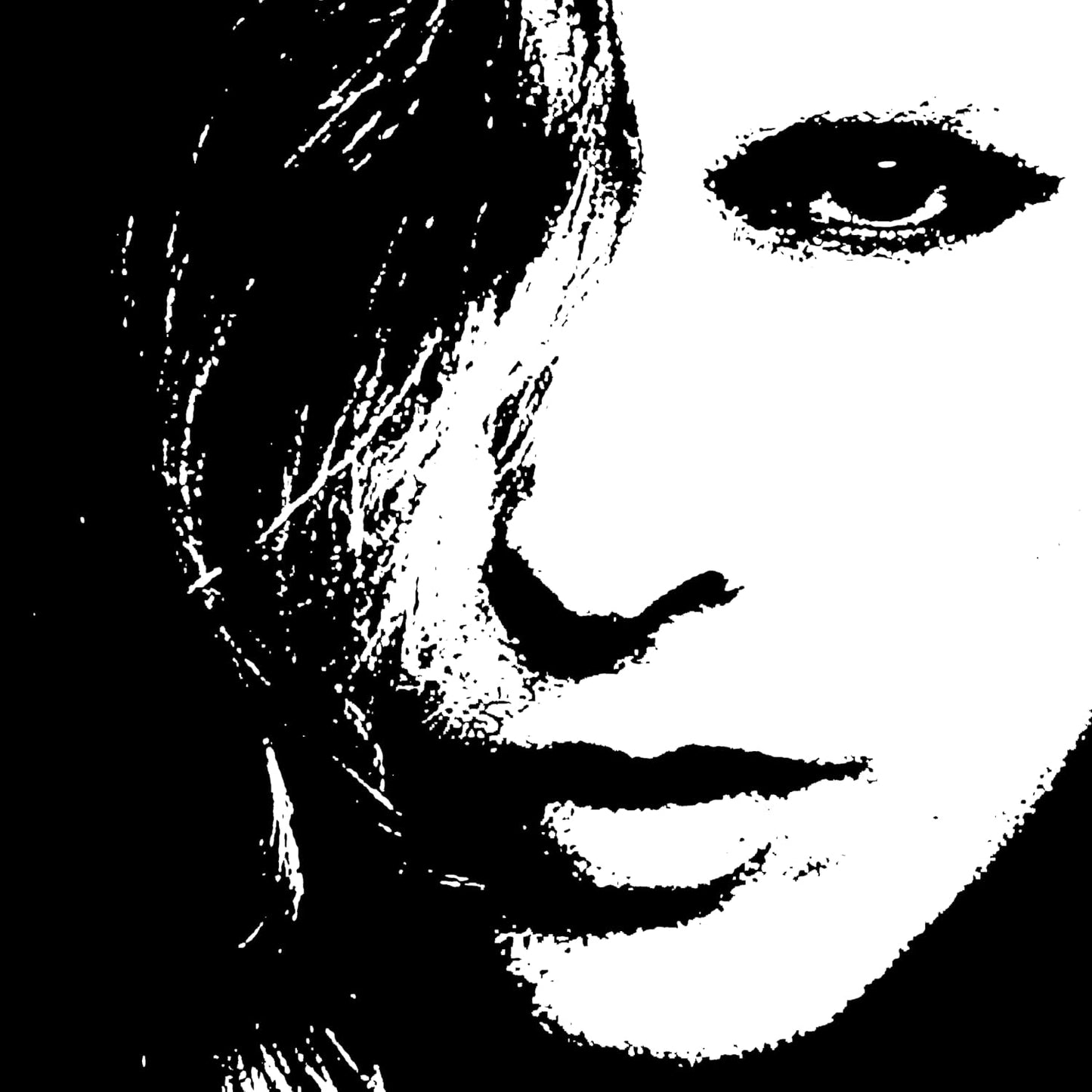 High-contrast black and white portrait of a woman with dark hair.