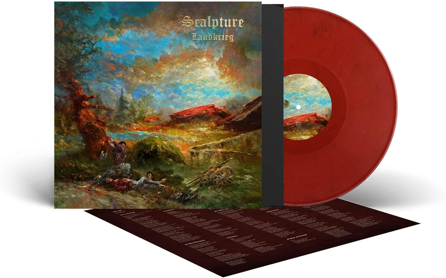 Vinyl record of "Scalpture - Landkrieg" with painted battlefield cover art.
