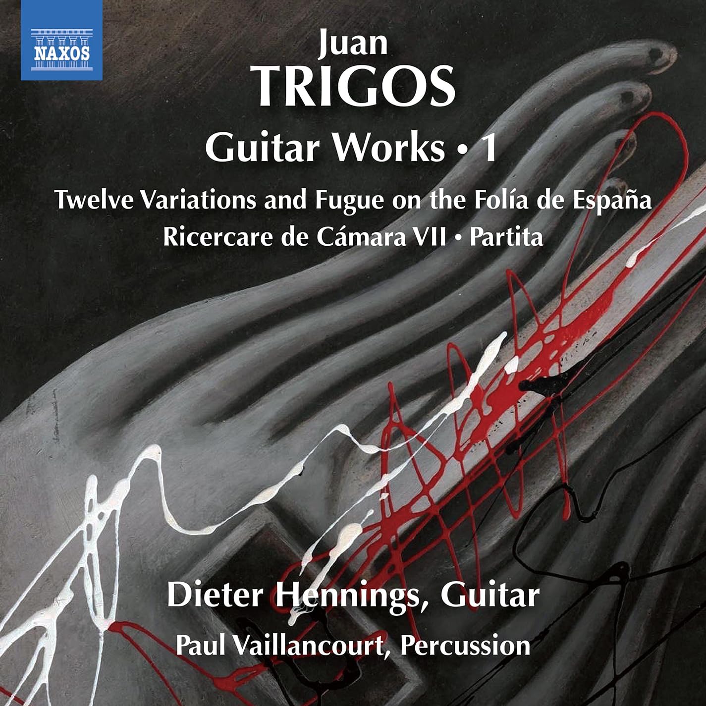 CD cover for Juan Trigos’ “Guitar Works Vol. 1” with abstract art.