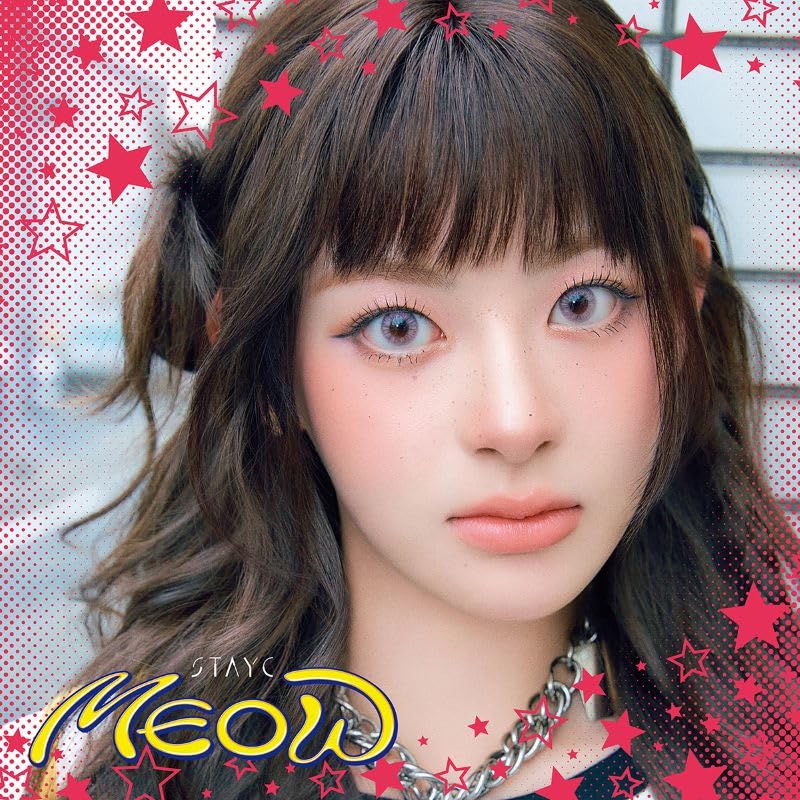 Close-up of STAYC member with brown hair, pink stars, and "Meow" text.