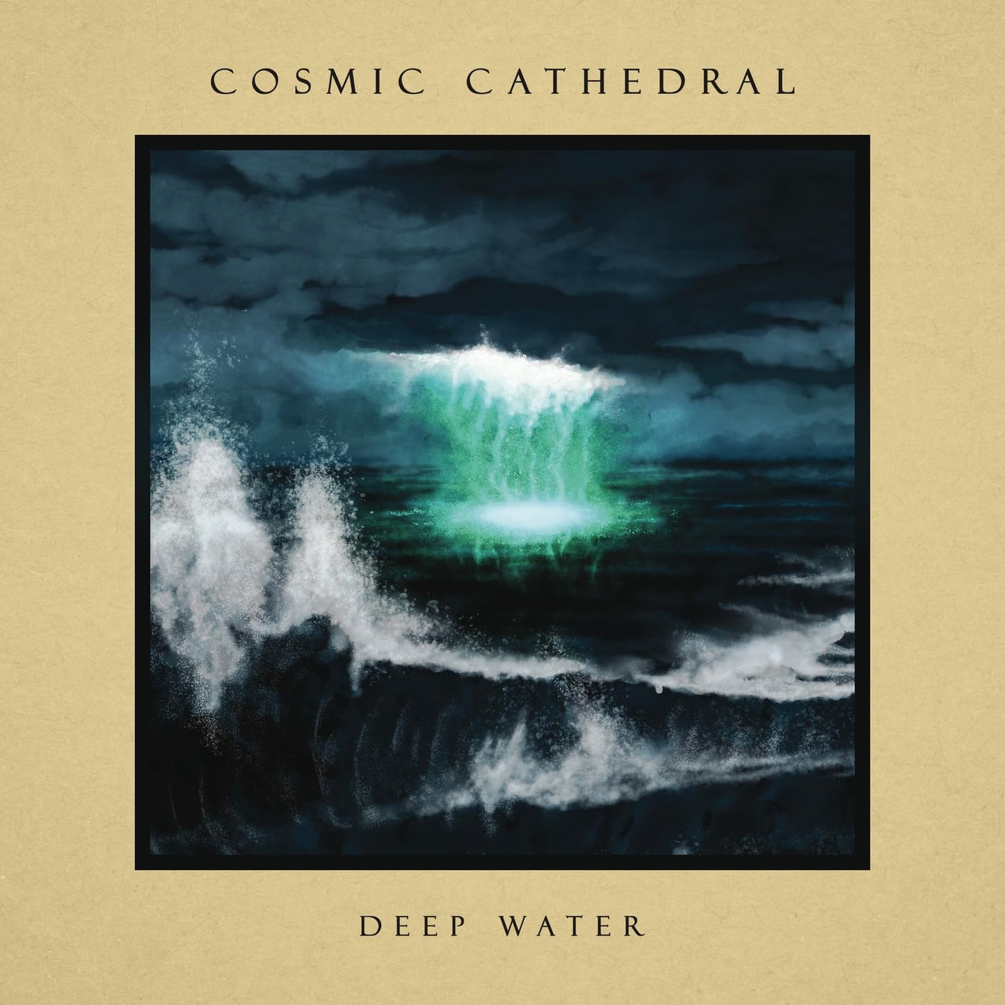 Vinyl album cover: dark water with a glowing, cathedral-like form.