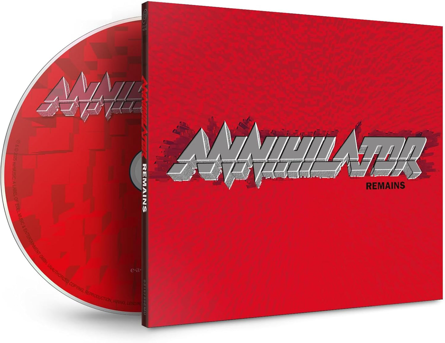 Red CD case for Annihilator’s “Remains” album, with metallic logo.