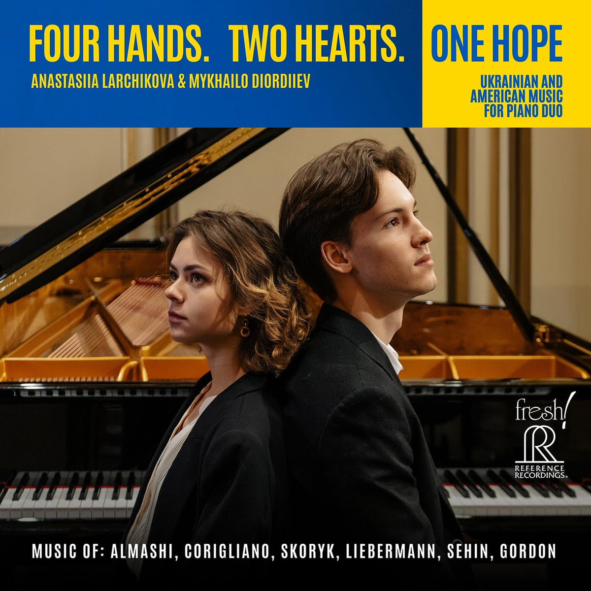 CD cover featuring two pianists, Anastasiia Larchikova and Mykhailo Diordiiev.