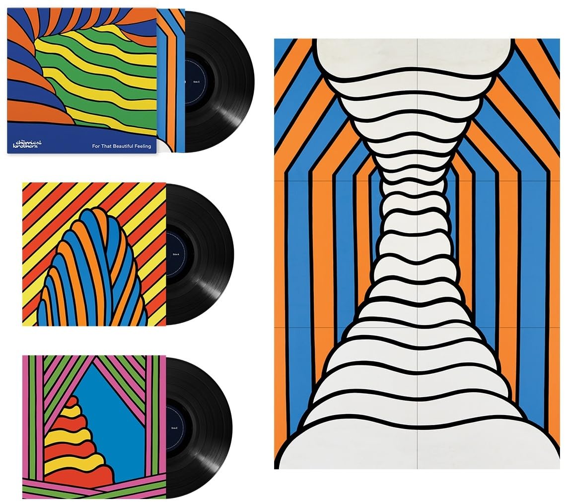 Album cover and vinyl records with colorful, wavy, geometric designs.