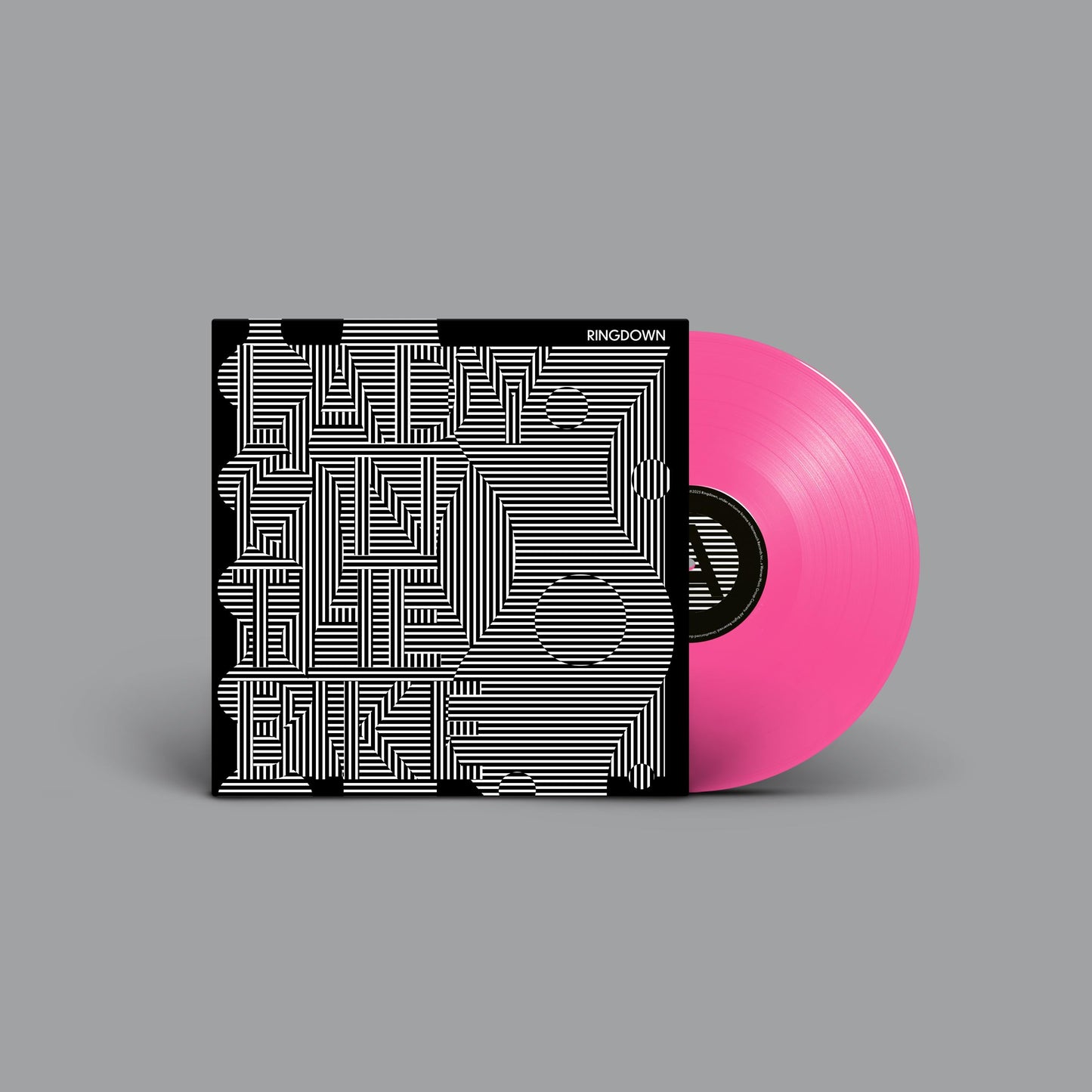 Vinyl record with abstract black and white line art cover and pink disc.
