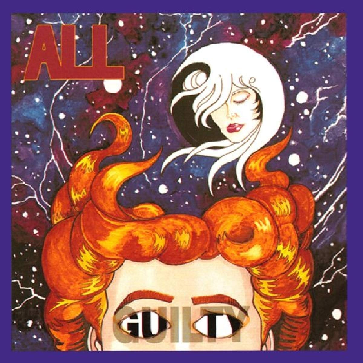 All - Guilty" CD cover with illustrated woman and fiery hair.