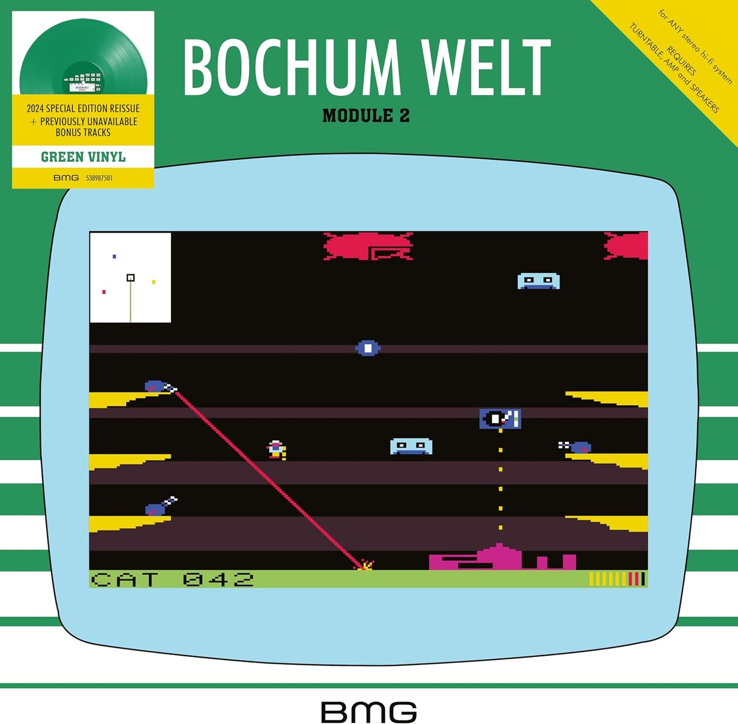 Green vinyl record cover for "Bochum Welt - Module 2" with pixel art.