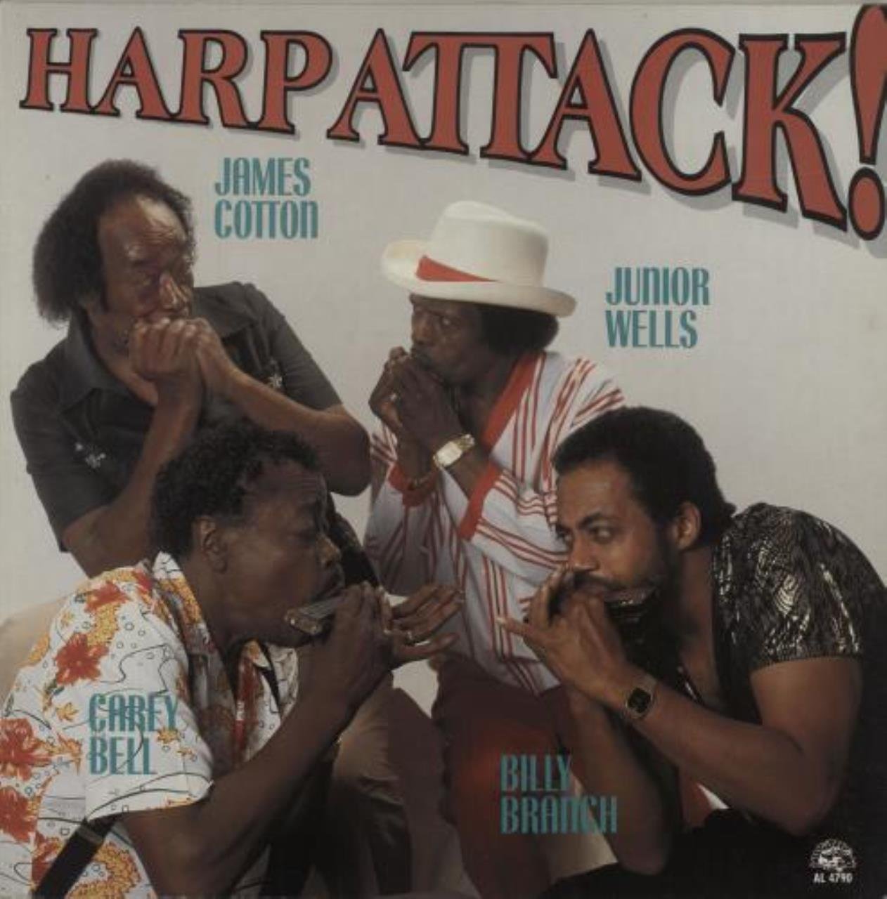 Album cover for "Harp Attack" featuring four Black musicians playing harmonicas.