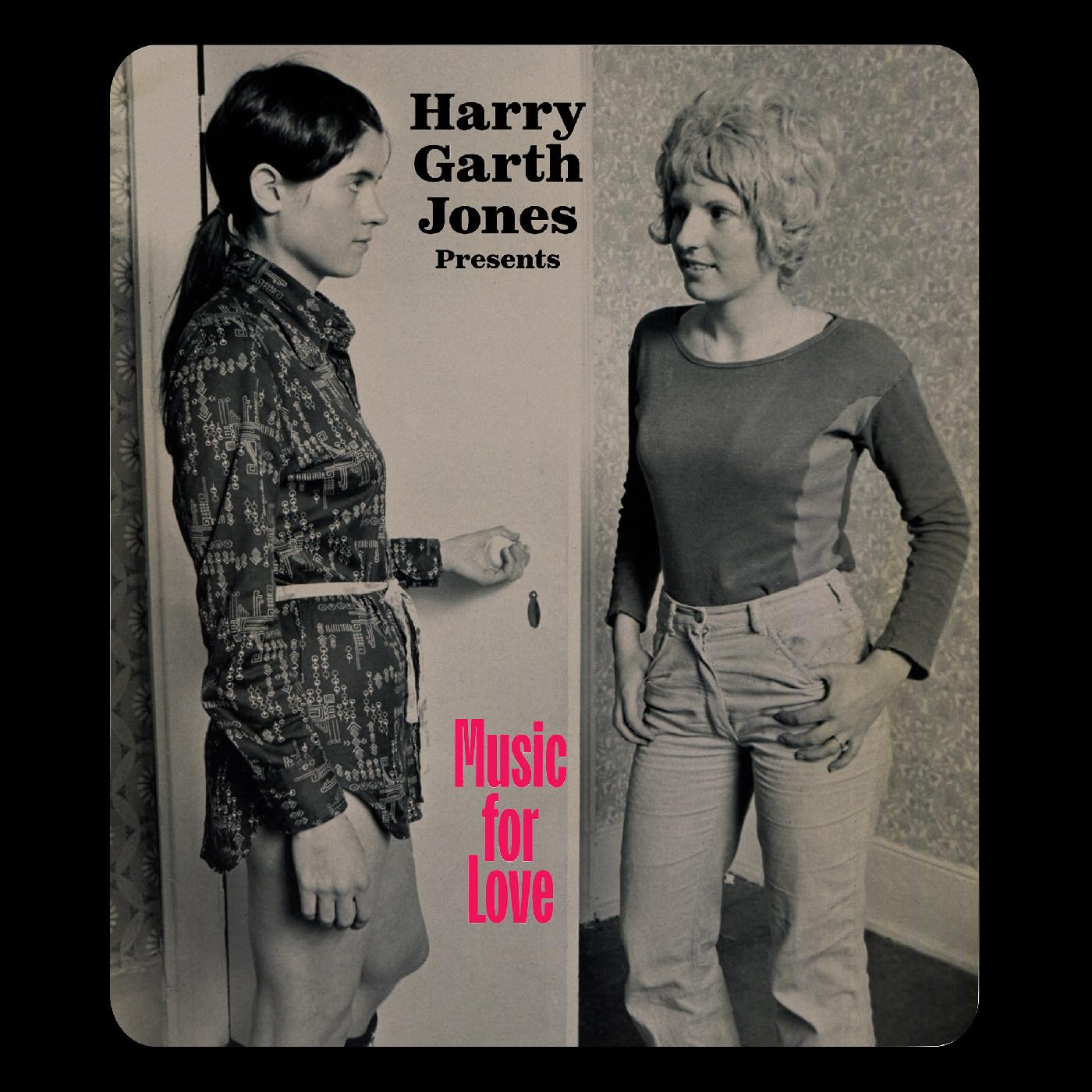 Black and white album cover featuring two people and red text.