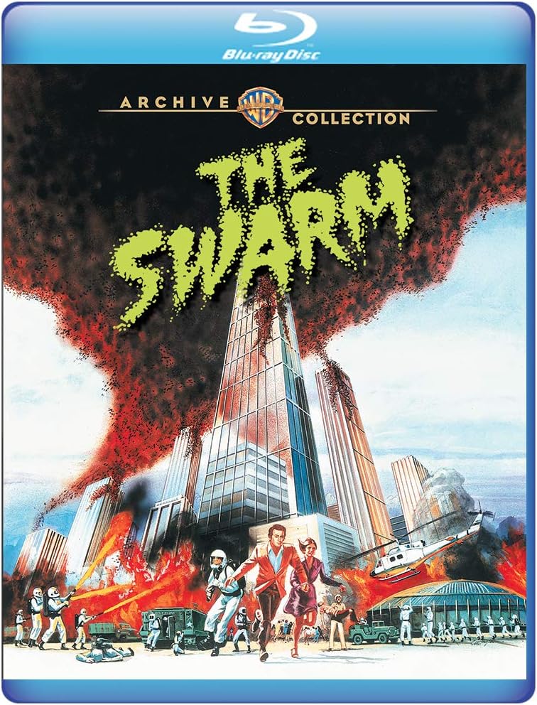 Blu-ray cover art for The Swarm featuring a giant swarm attacking a city skyline.