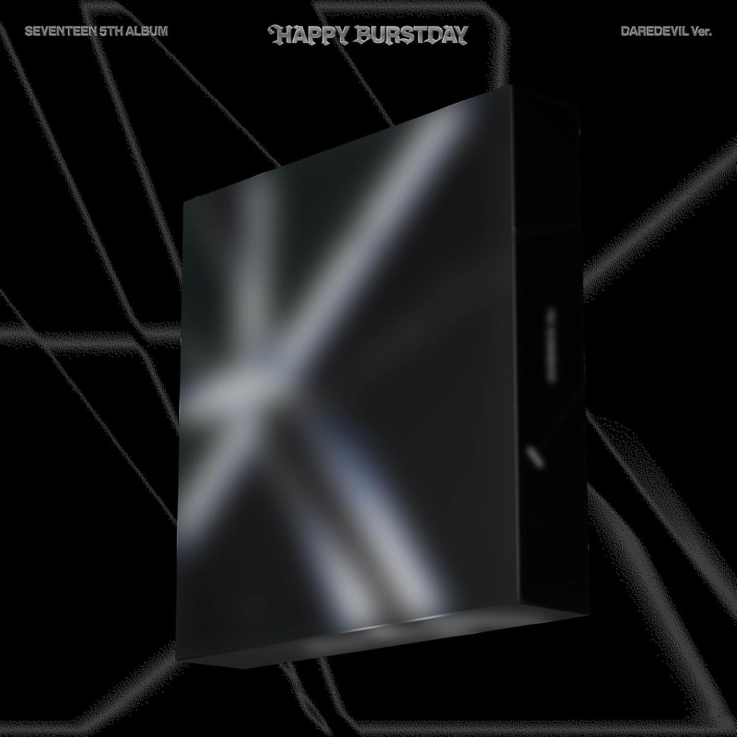 Seventeen’s “Happy Birthday” album cover with abstract silver lines on black.