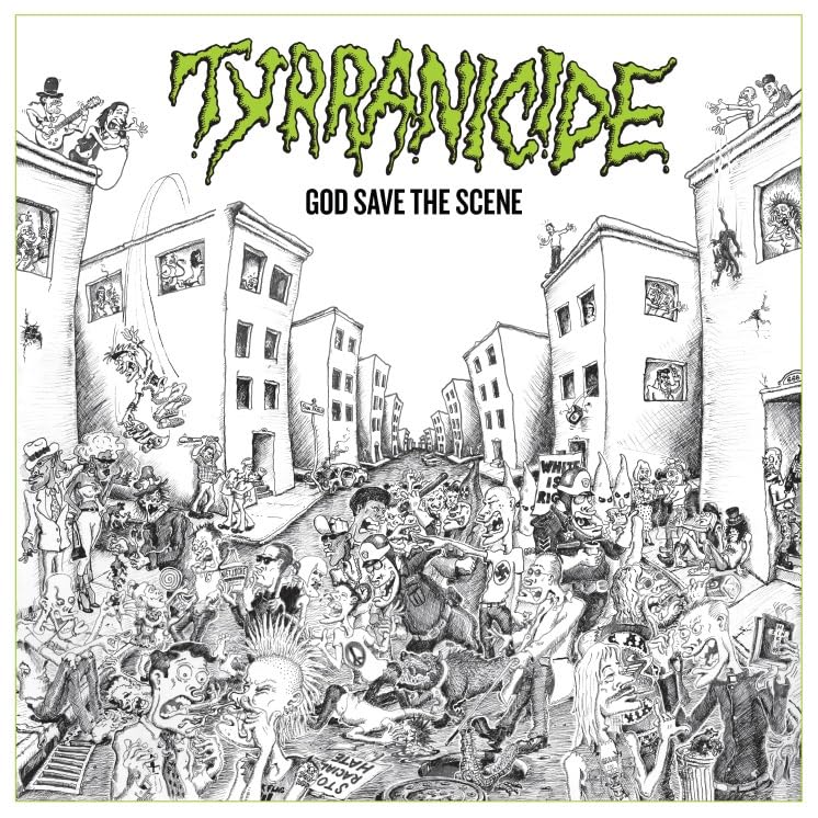Black and white illustration of a chaotic street scene with many figures.