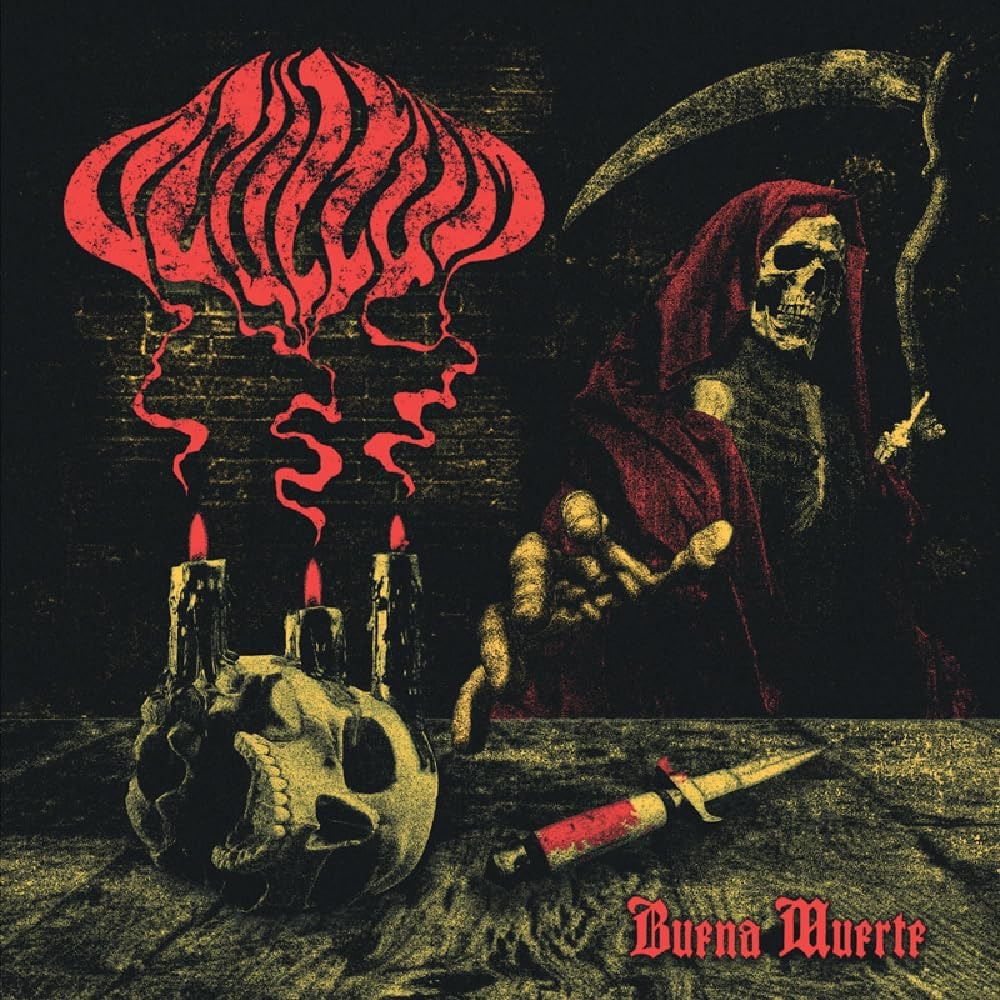 Dark album cover featuring a skull, candles, and a hooded grim reaper figure.