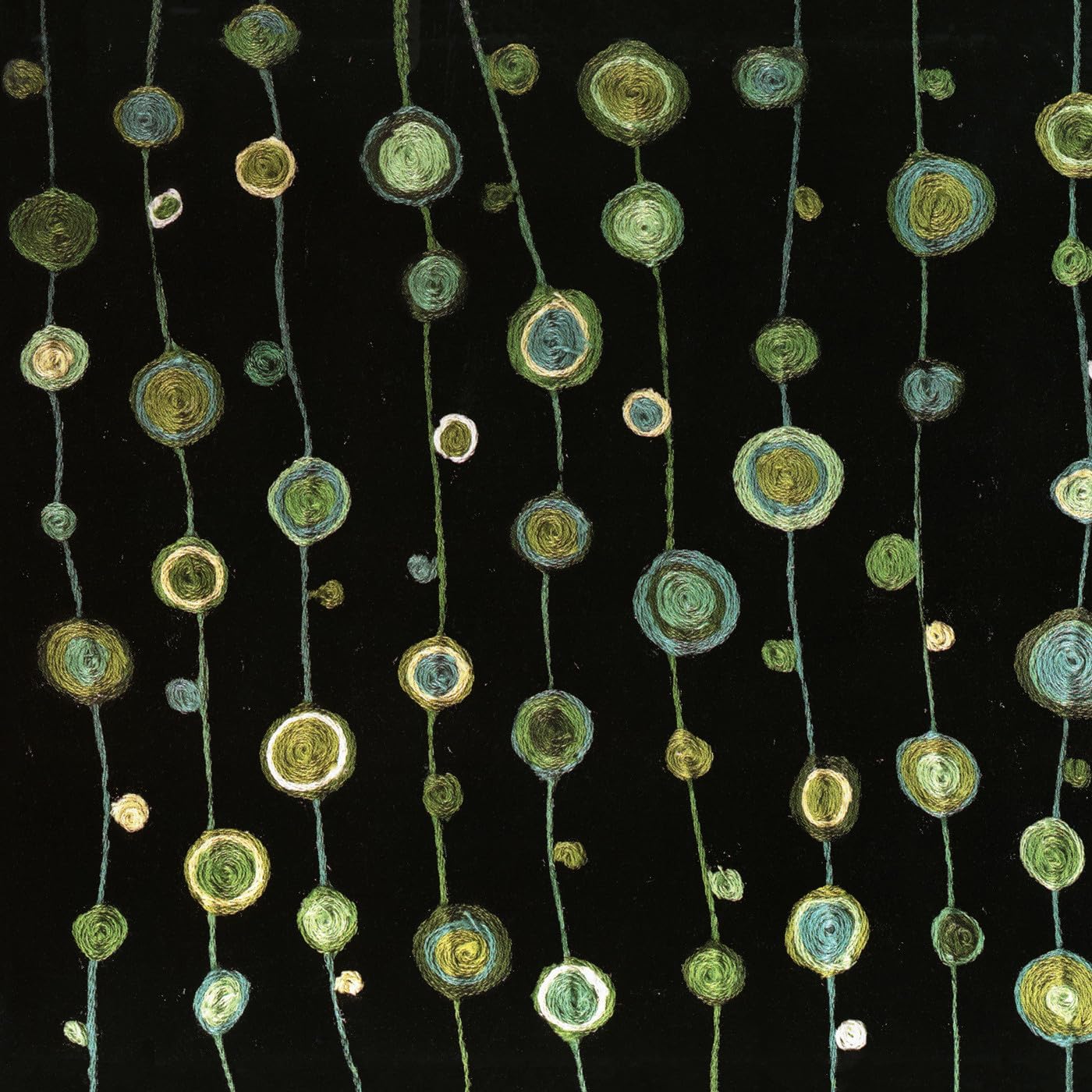 Black background with swirling green and gold circular patterns resembling beads.