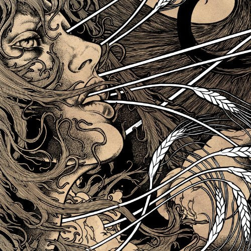 Detailed illustration of a woman’s face with wheat and abstract lines.