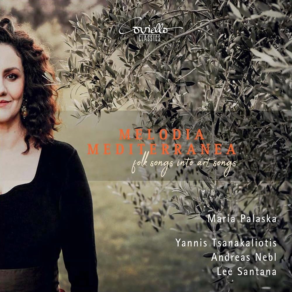 CD cover: portrait of Maria Palaska with olive branches, text "Melodia Mediterranea".