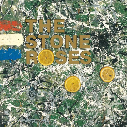 The Stone Roses album cover with abstract paint, oranges, and gold lettering.