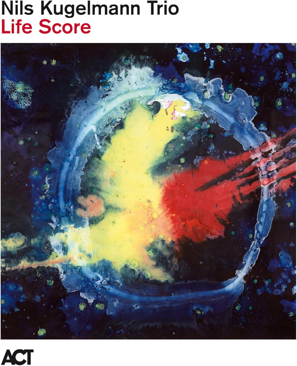 CD cover for Nils Kugelmann Trio’s “Life Score” with abstract art.