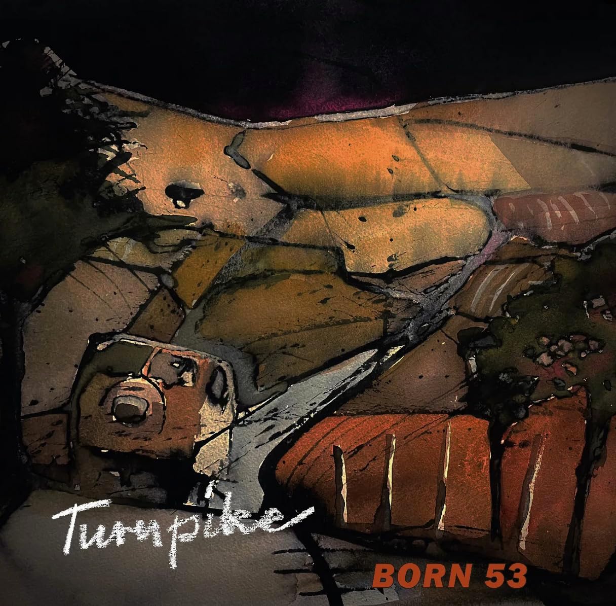 CD cover for "Turnpike" with abstract, textured orange and black artwork.