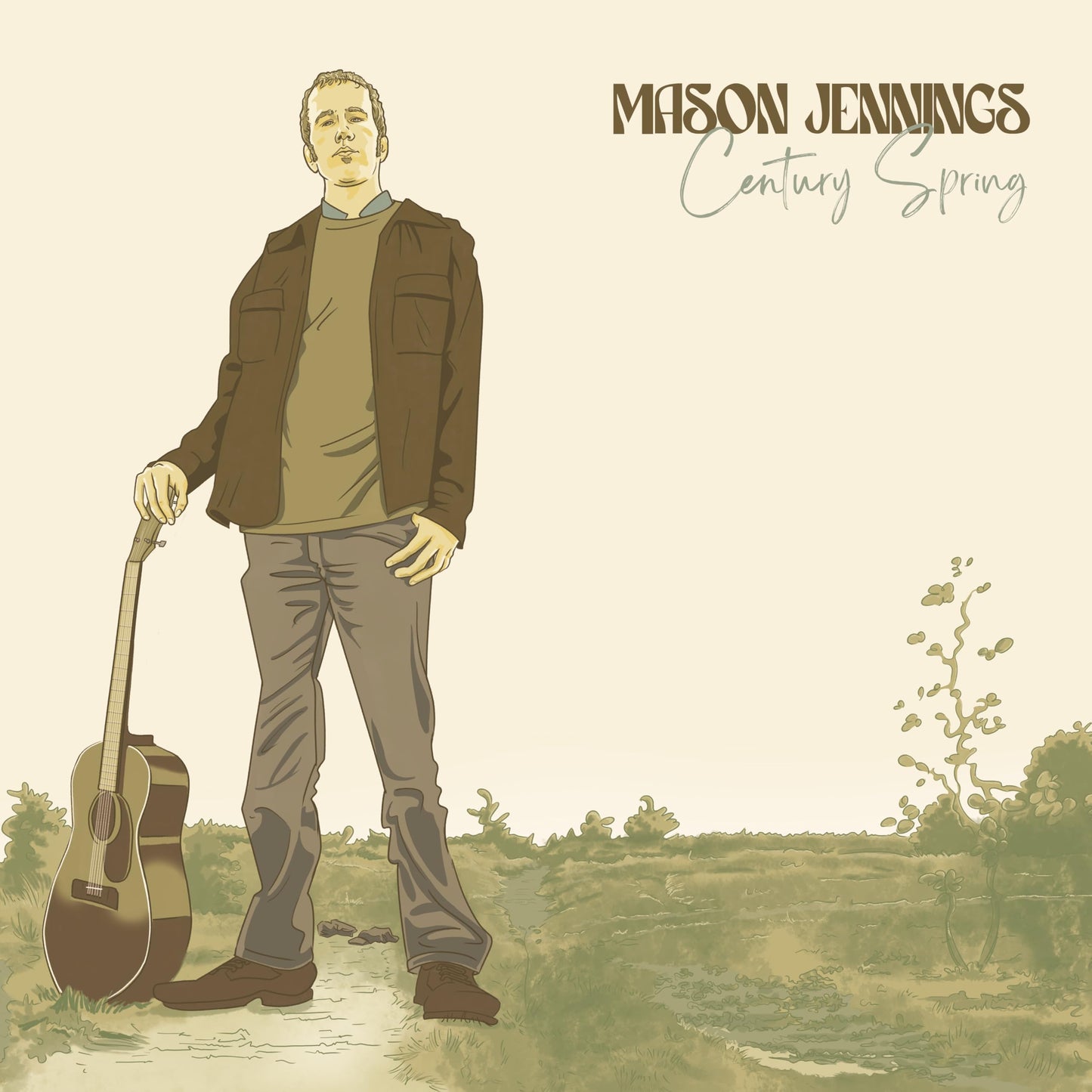 Illustration of Mason Jennings standing in a field holding an acoustic guitar.
