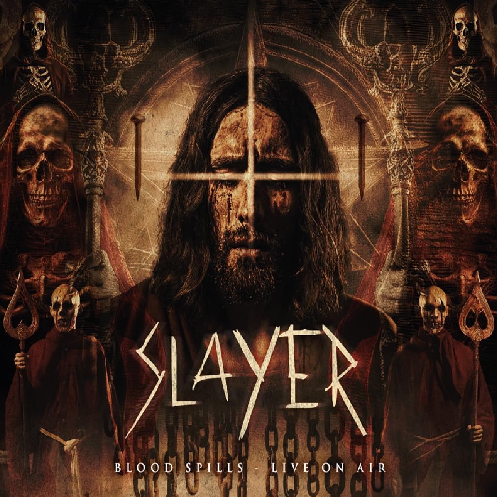Slayer album cover: dark, gothic imagery with skulls and the band’s name.