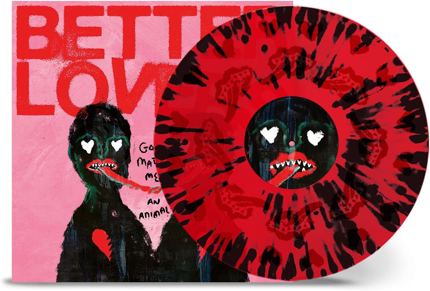 Red and black vinyl record with illustrated face and heart shapes.