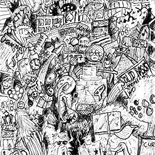 Black and white album cover with densely packed, chaotic hand-drawn illustrations.