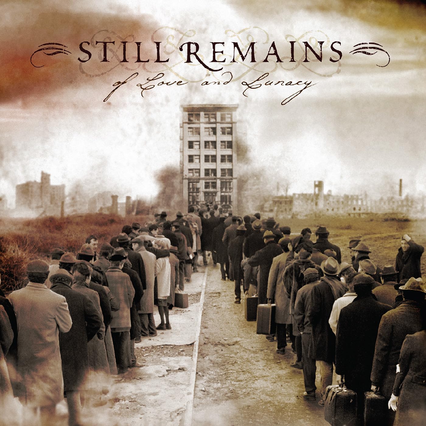 Sepia-toned album cover depicting a line of people with luggage.