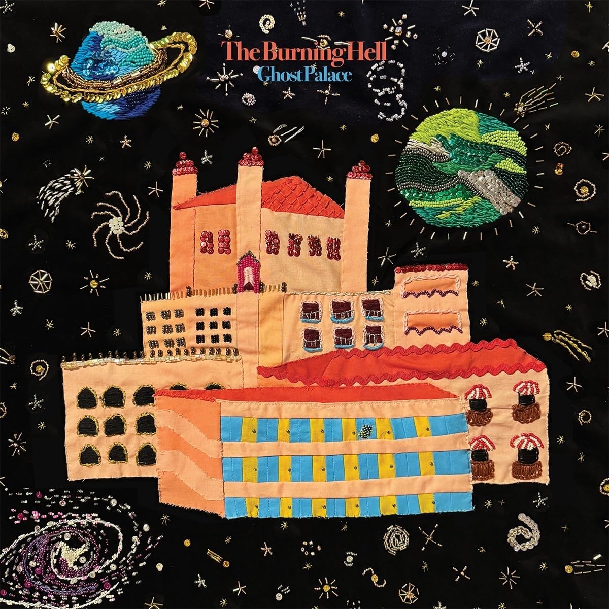 Embroidered album cover depicting a red palace with celestial motifs.