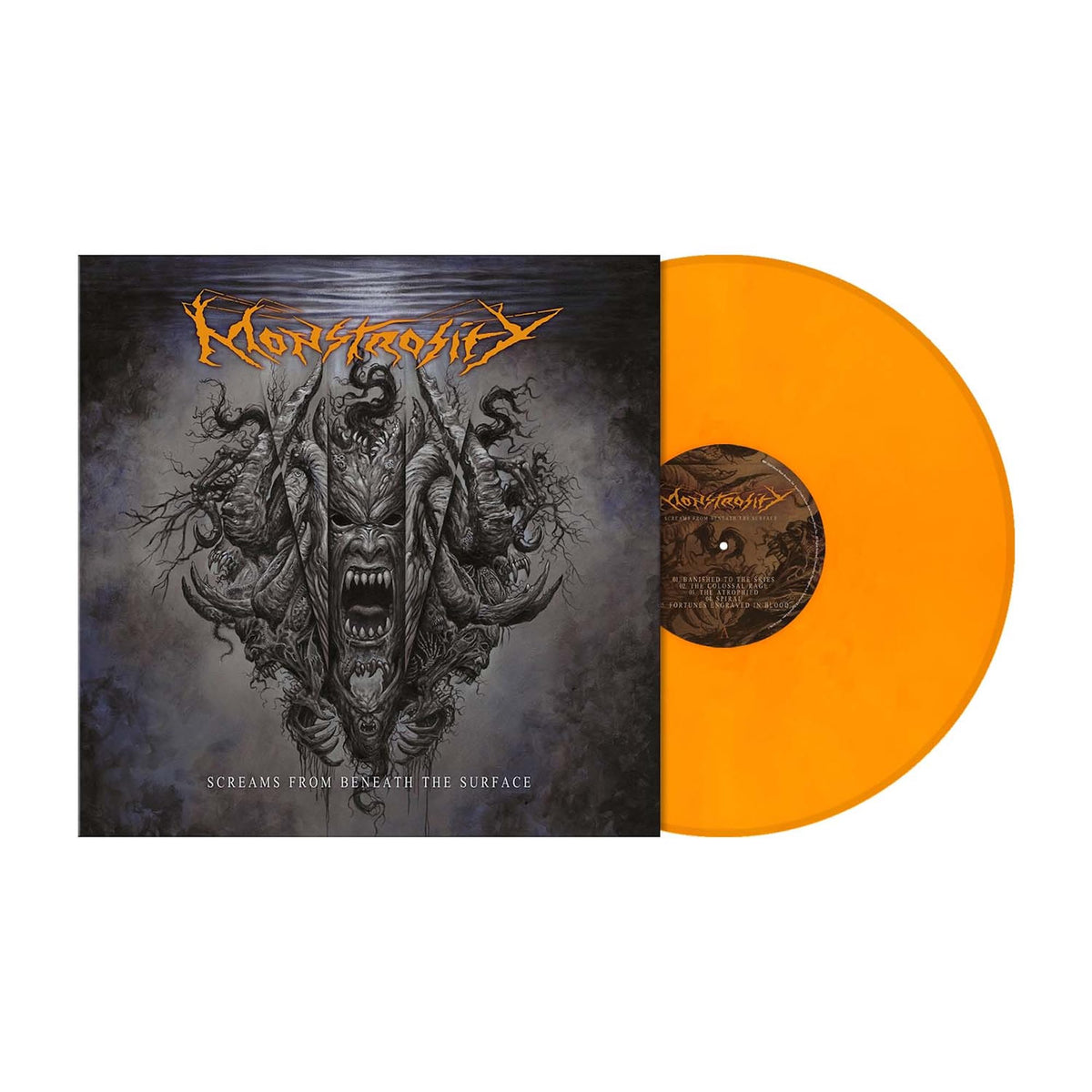 Monstrosity" vinyl record with dark cover art and a bright yellow disc.
