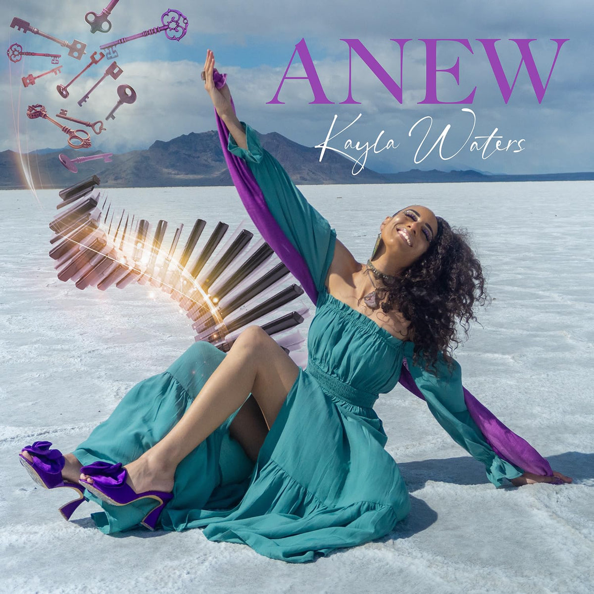 Album cover for Kayla Waters’ “Anew” featuring a woman in a teal dress.