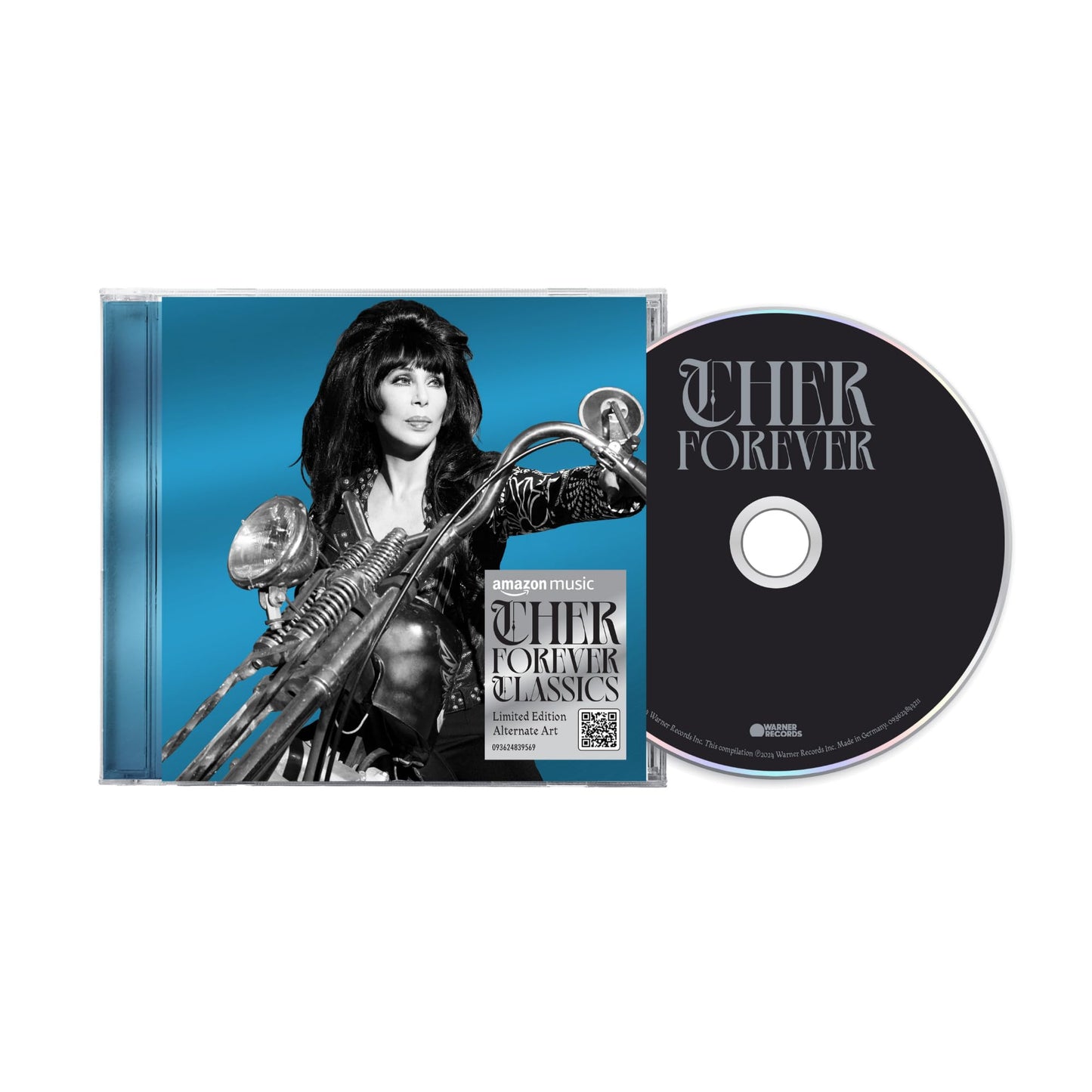 Cher “Forever” CD case and disc with teal and silver design.