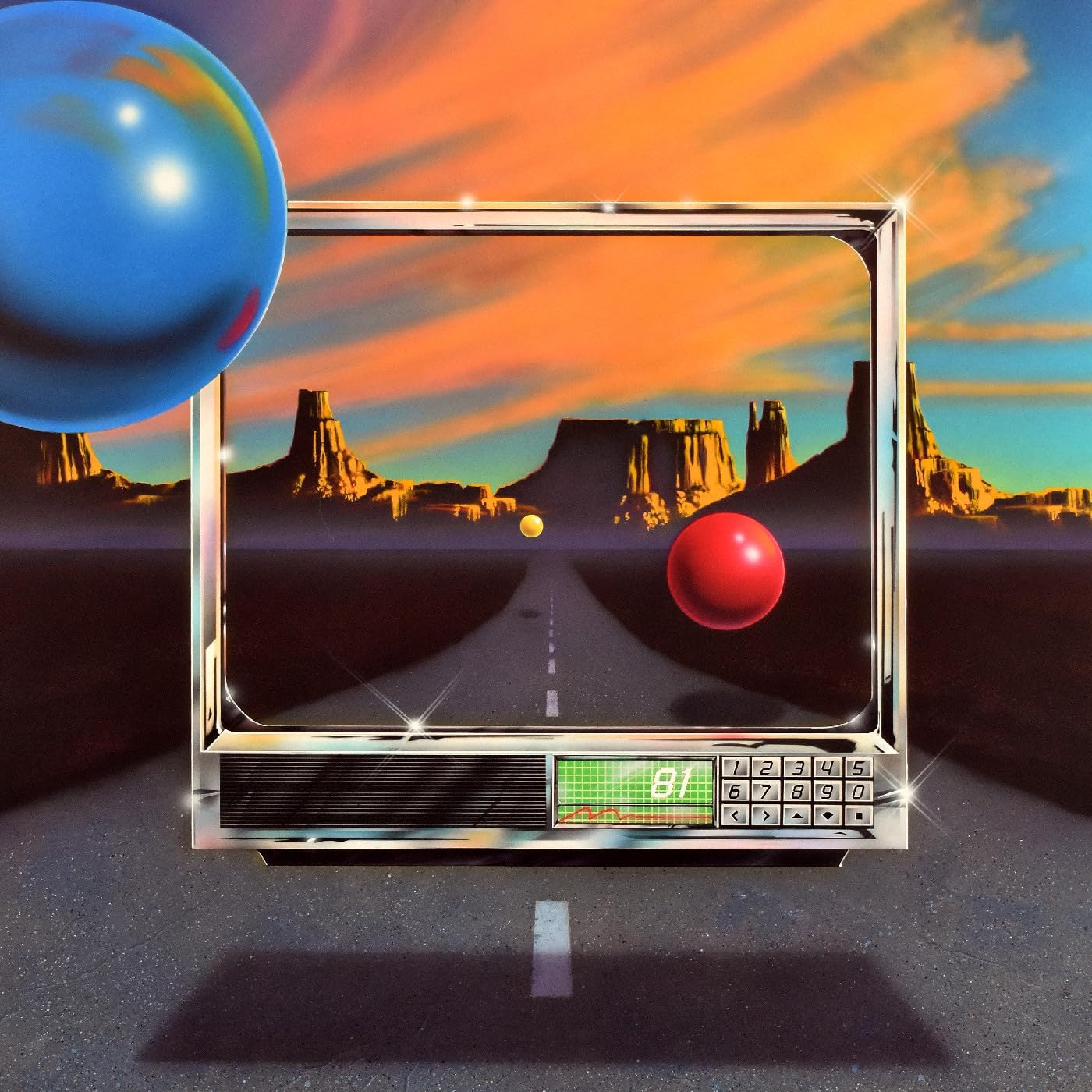 Retro TV displaying a desert highway with a blue sphere and red ball.