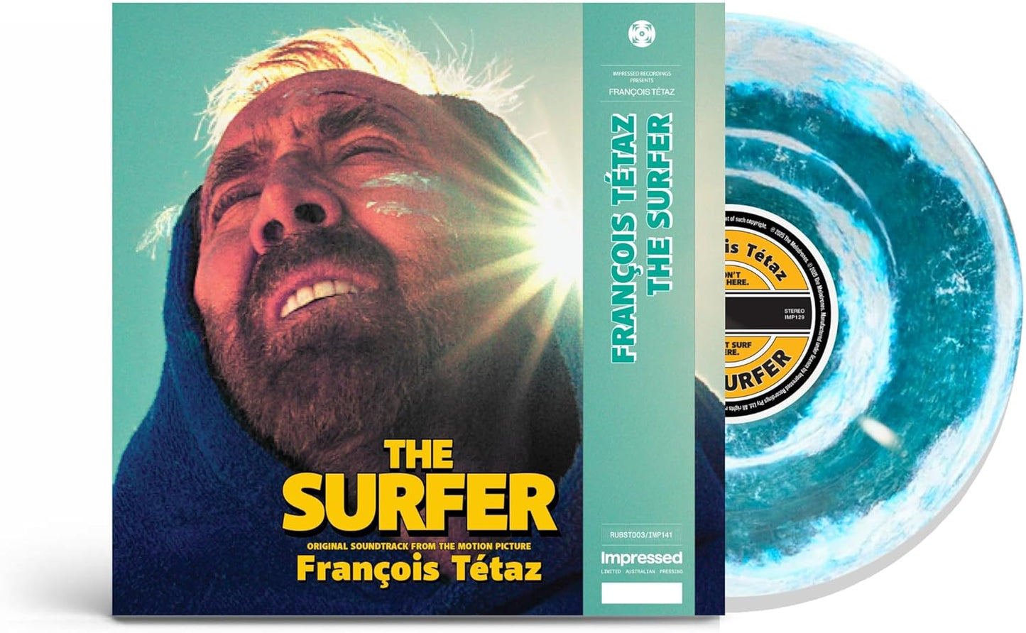 Blue swirl vinyl record for "Francois Tetaz - The Surfer" soundtrack.