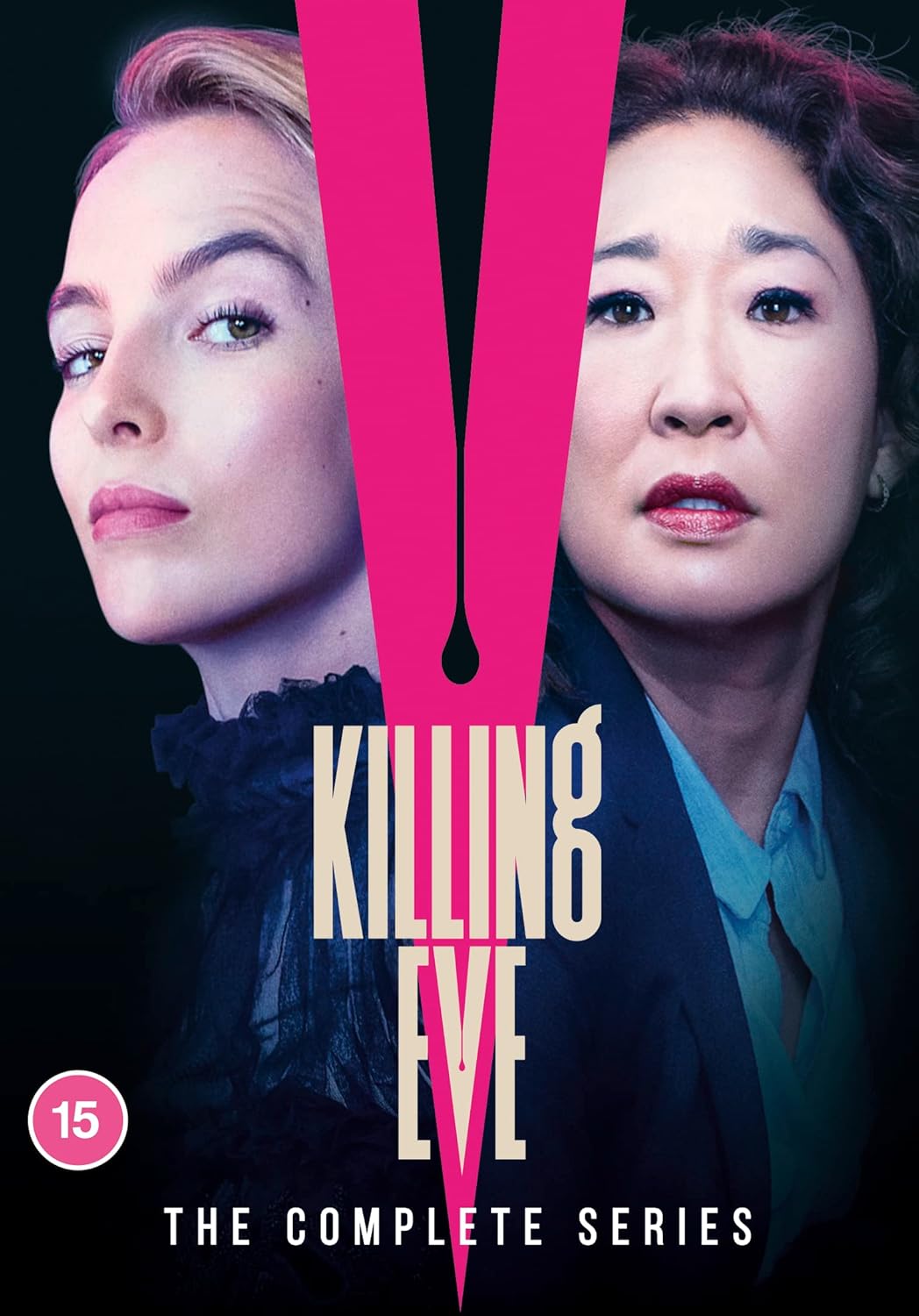 DVD cover featuring Jodie Comer and Sandra Oh separated by a large pink V.